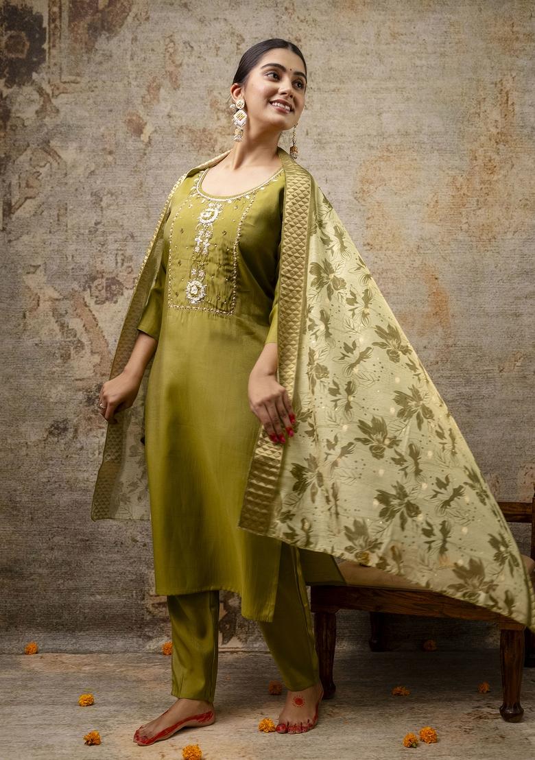 Mehendi Green Handwork Shimar Silk Salwar Kameez With Dupatta