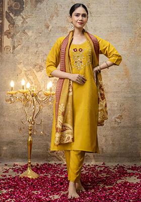 Mustard Yellow Handwork Shimar Silk Salwar Kameez With Dupatta
