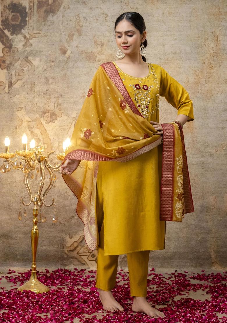 Mustard Yellow Handwork Shimar Silk Salwar Kameez With Dupatta