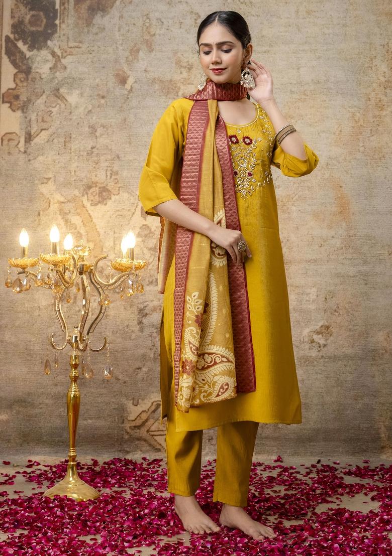 Mustard Yellow Handwork Shimar Silk Salwar Kameez With Dupatta