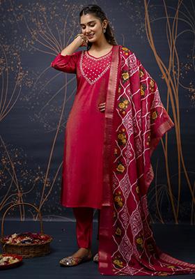 Pink Handwork Shimar Silk Salwar Kameez With Dupatta
