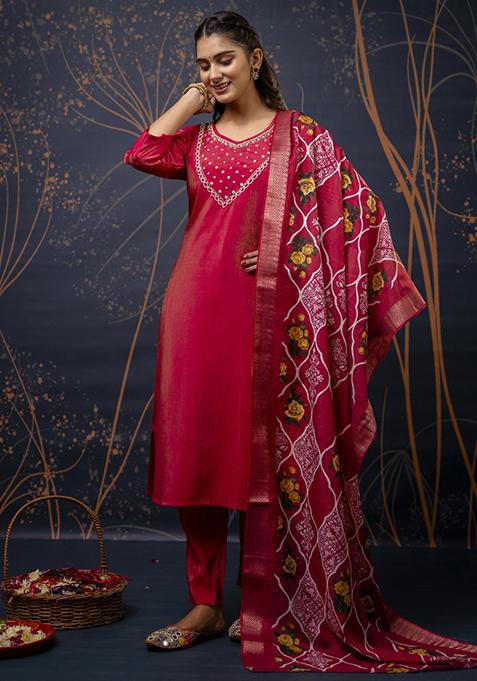 Pink Handwork Shimar Silk Salwar Kameez With Dupatta