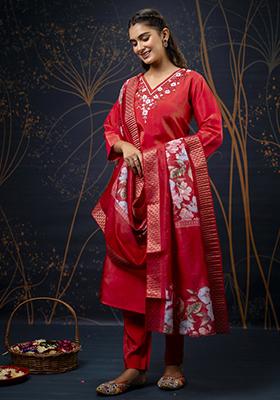 Red Handwork Shimar Silk Salwar Kameez With Dupatta