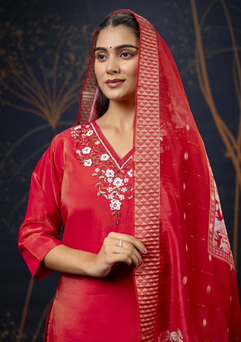 Red Handwork Shimar Silk Salwar Kameez With Dupatta