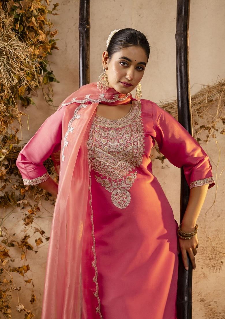Peach Embroidered Silk Blend Salwar Kameez With Dupatta