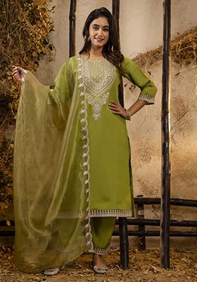 Pista Green Embroidered Silk Blend Salwar Kameez With Dupatta