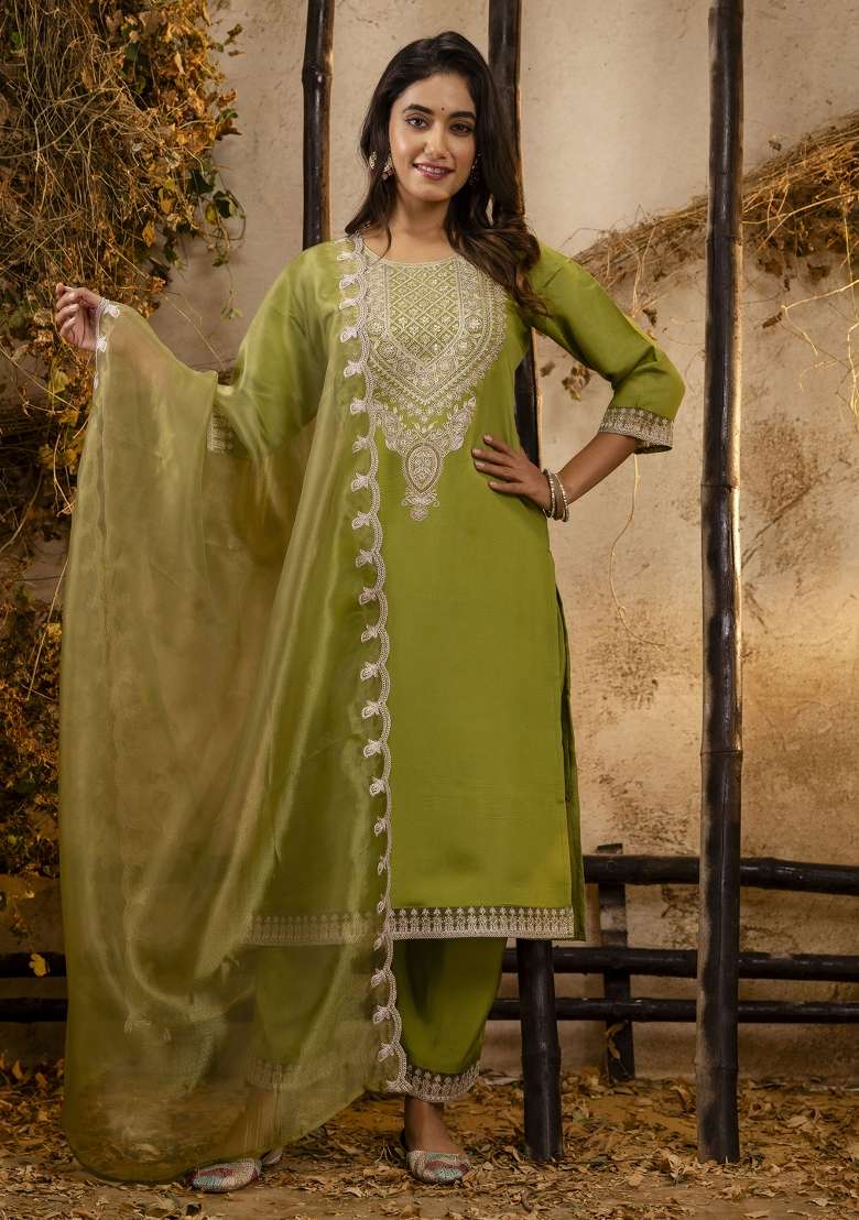 Pista Green Embroidered Silk Blend Straight Kurta Set - Indya