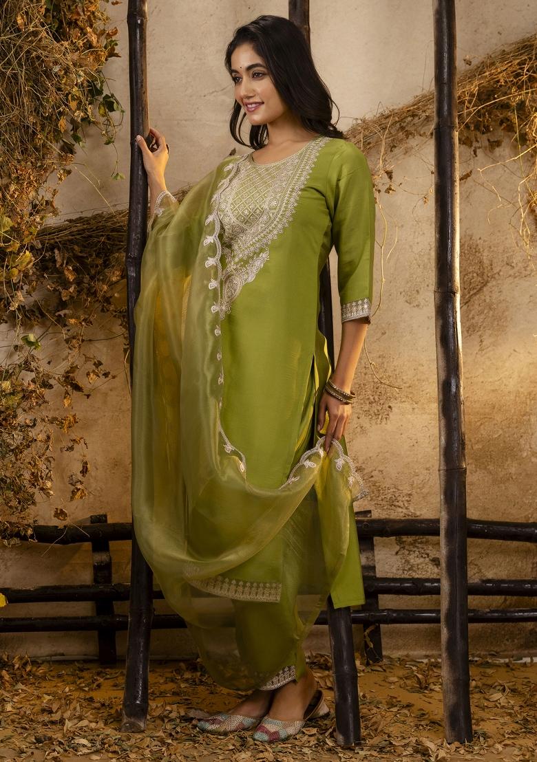 Pista Green Embroidered Silk Blend Salwar Kameez With Dupatta