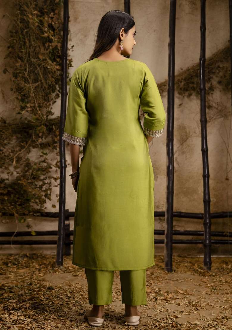 Pista Green Embroidered Silk Blend Straight Kurta Set - Indya