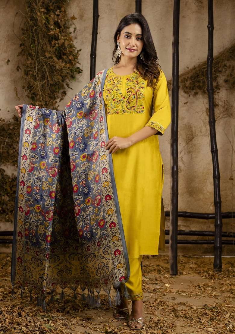 Lemon Yellow Embroidered Viscose Straight Kurta Set - Indya