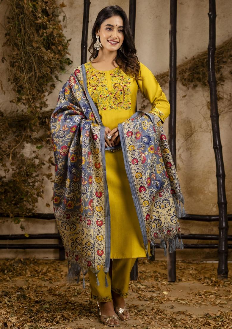 Lemon Yellow Embroidered Viscose Salwar Kameez With Dupatta