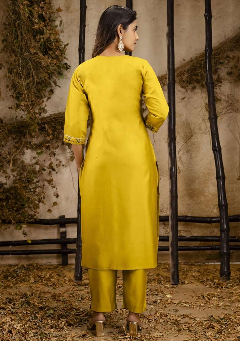 Lemon Yellow Embroidered Viscose Straight Kurta Set - Indya