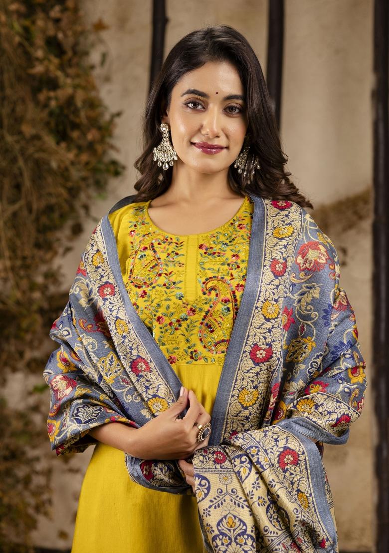 Lemon Yellow Embroidered Viscose Salwar Kameez With Dupatta