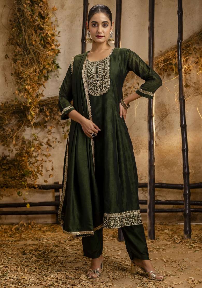 Green Embroidered Silk A Line Kurta Set - Indya