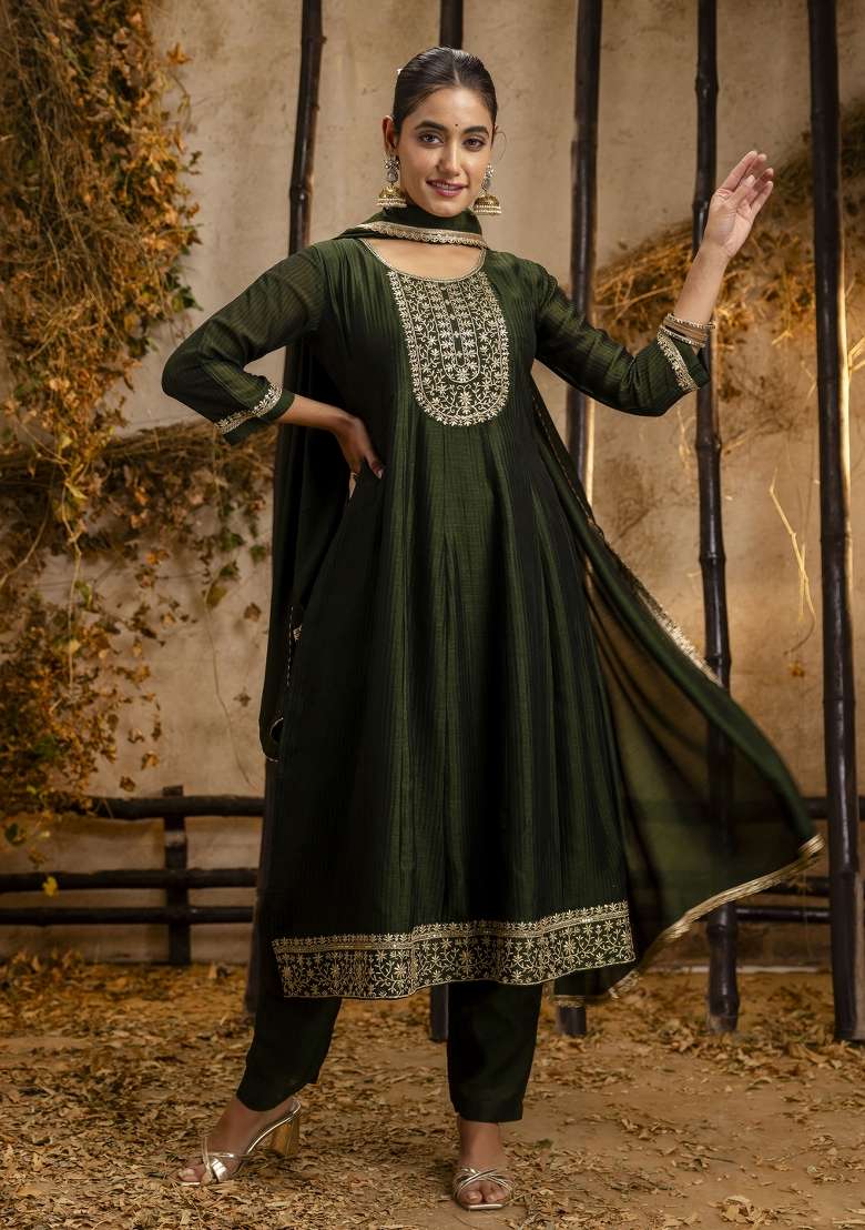 Green Embroidered Silk A Line Kurta Set - Indya