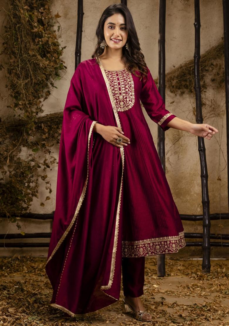 Maroon Embroidered Silk Blend Salwar Kameez With Dupatta