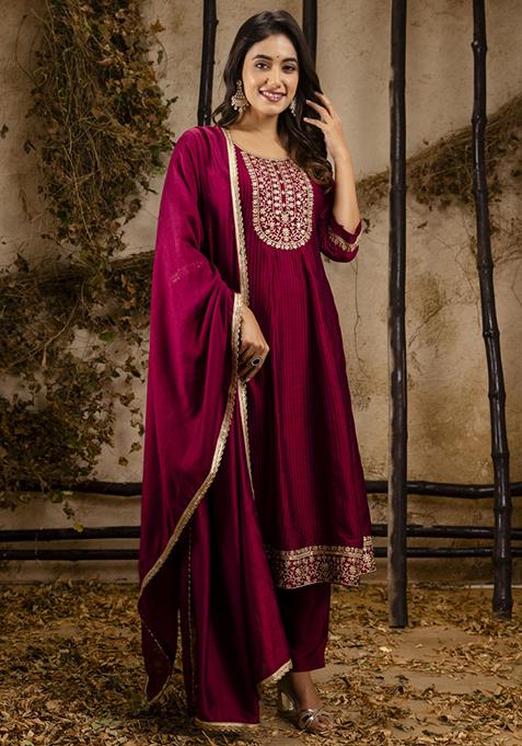 Maroon Embroidered Silk Blend Salwar Kameez With Dupatta