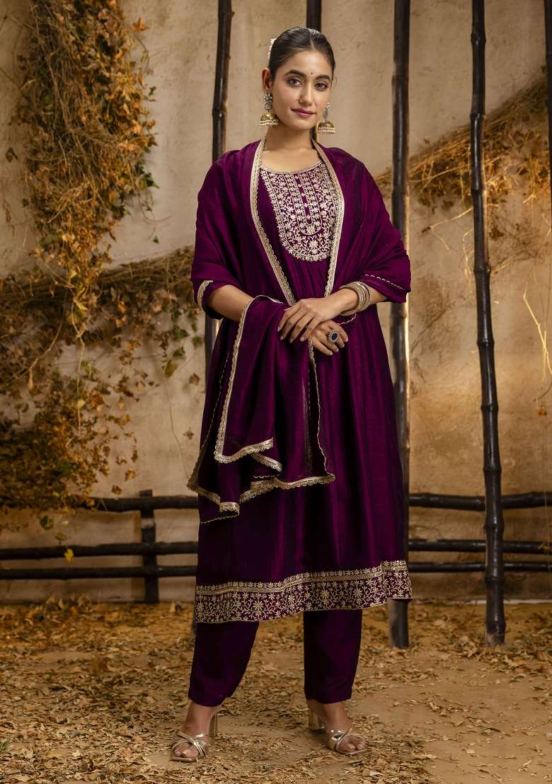 Purple Embroidered Silk Blend Salwar Kameez With Dupatta - Indya