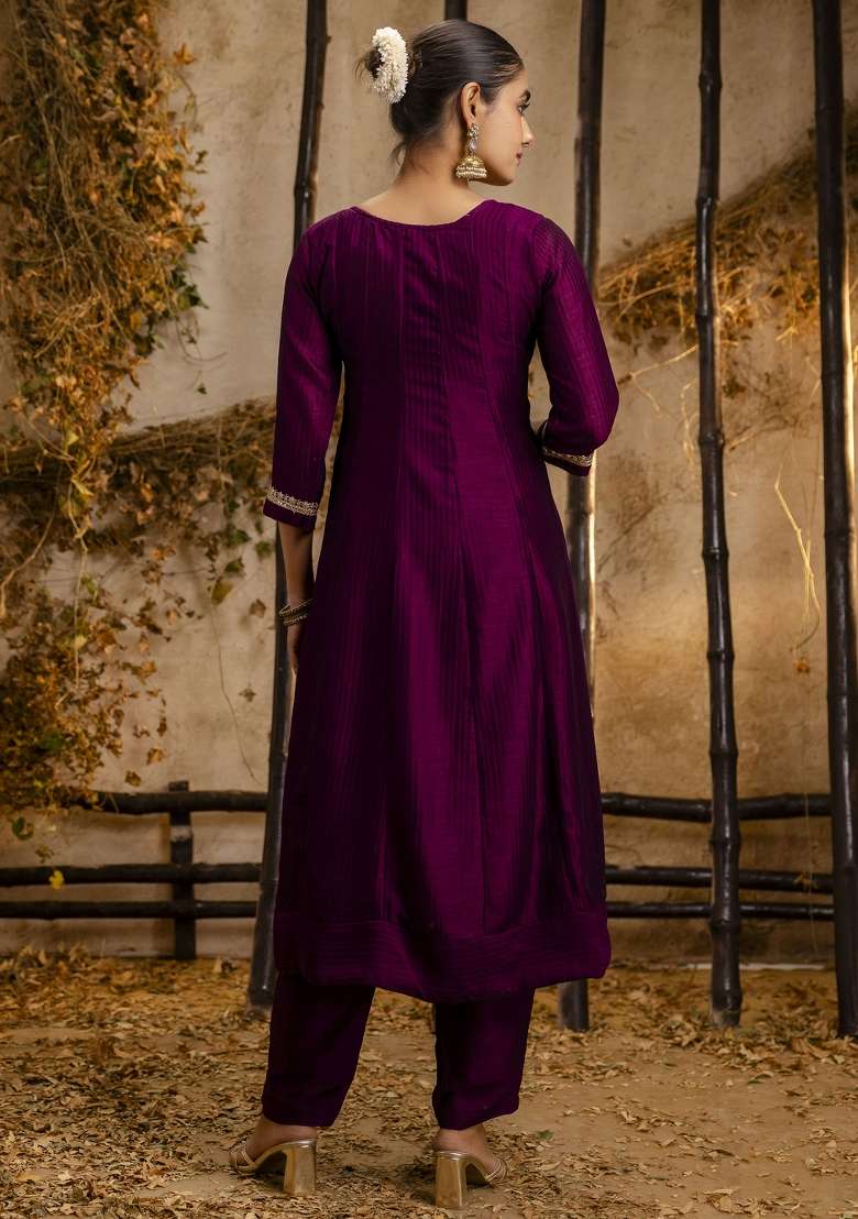 Purple Embroidered Silk Blend Salwar Kameez With Dupatta - Indya