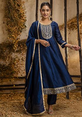 Teal Blue Embroidered Silk Blend Salwar Kameez With Dupatta