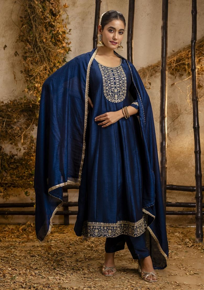 Teal Blue Embroidered Silk Blend Salwar Kameez With Dupatta