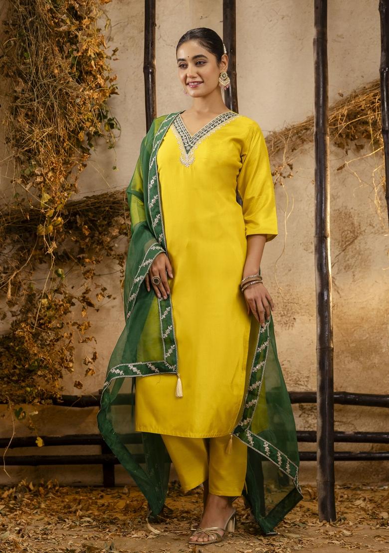 Yellow Embroidered Silk Blend Salwar Kameez With Dupatta