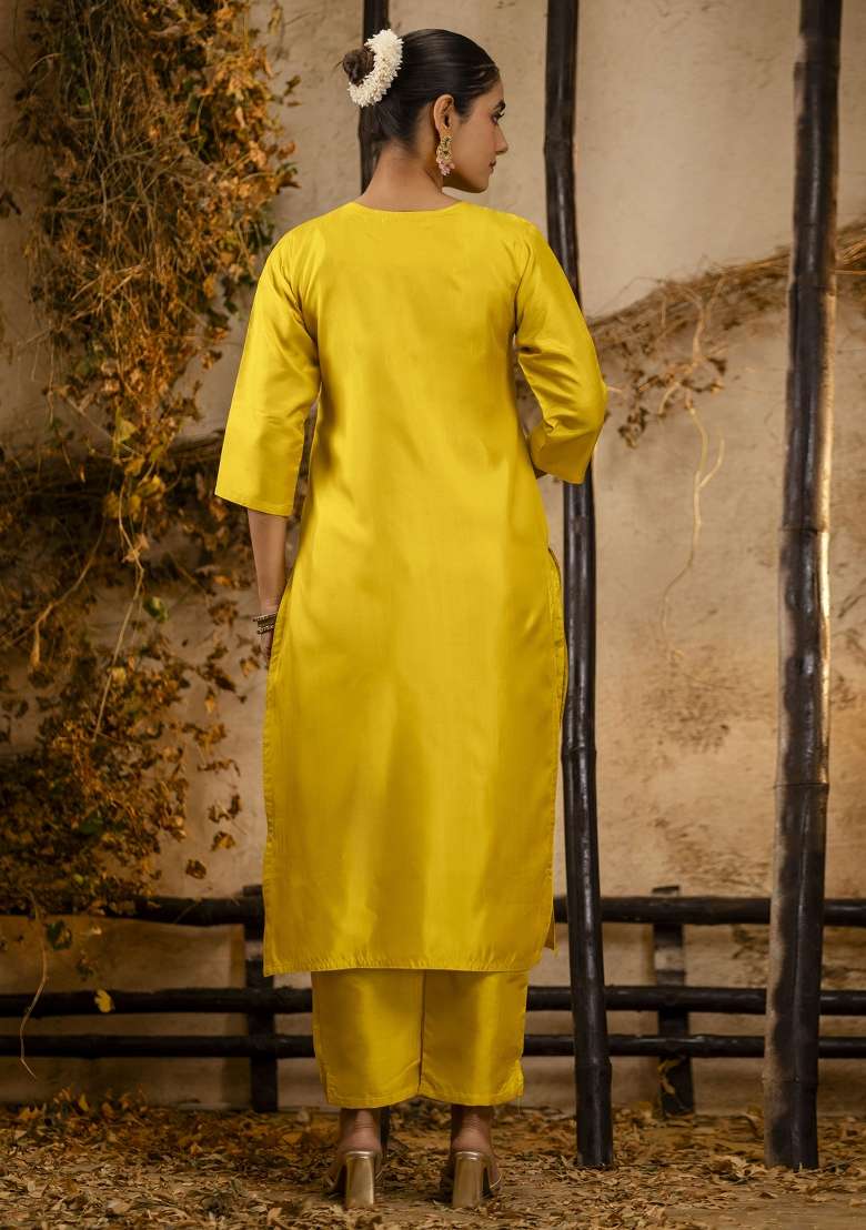 Yellow Solid Silk Blend Straight Kurta Set - Indya