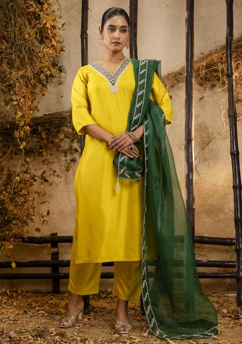 Yellow Embroidered Silk Blend Salwar Kameez With Dupatta