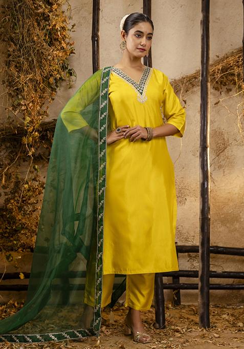 Yellow Embroidered Silk Blend Salwar Kameez With Dupatta