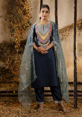 Teal Blue Embroidered Viscose Salwar Kameez With Dupatta
