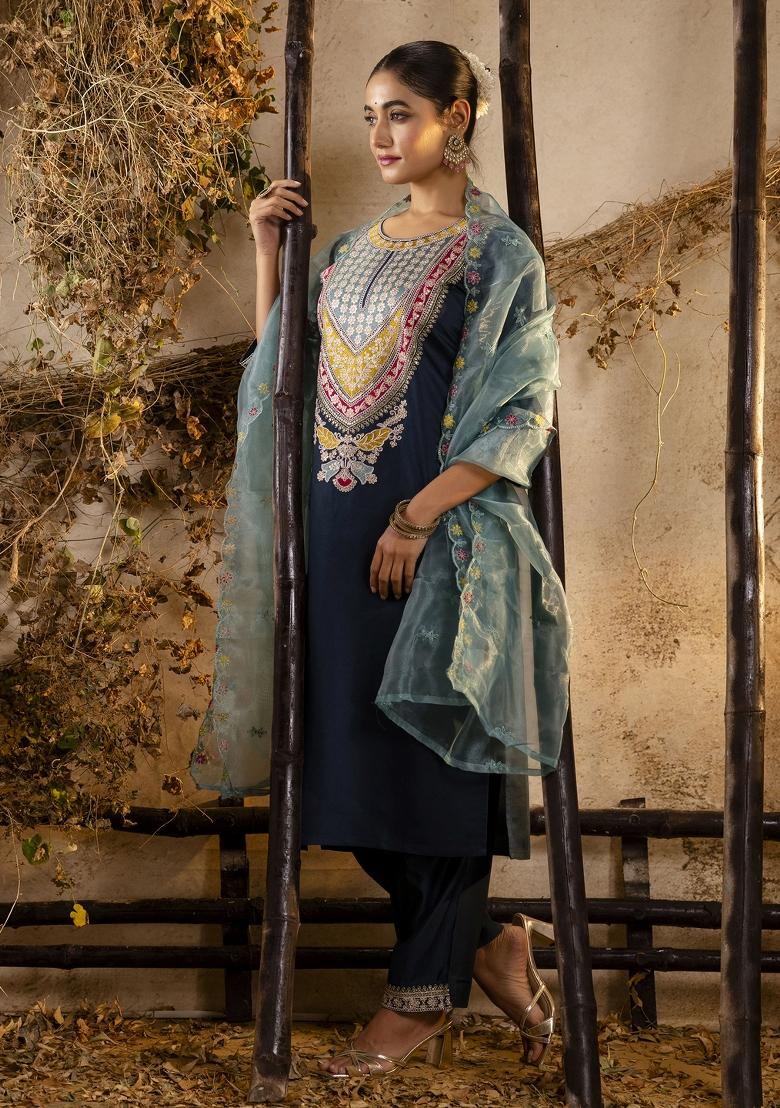 Teal Blue Embroidered Viscose Salwar Kameez With Dupatta