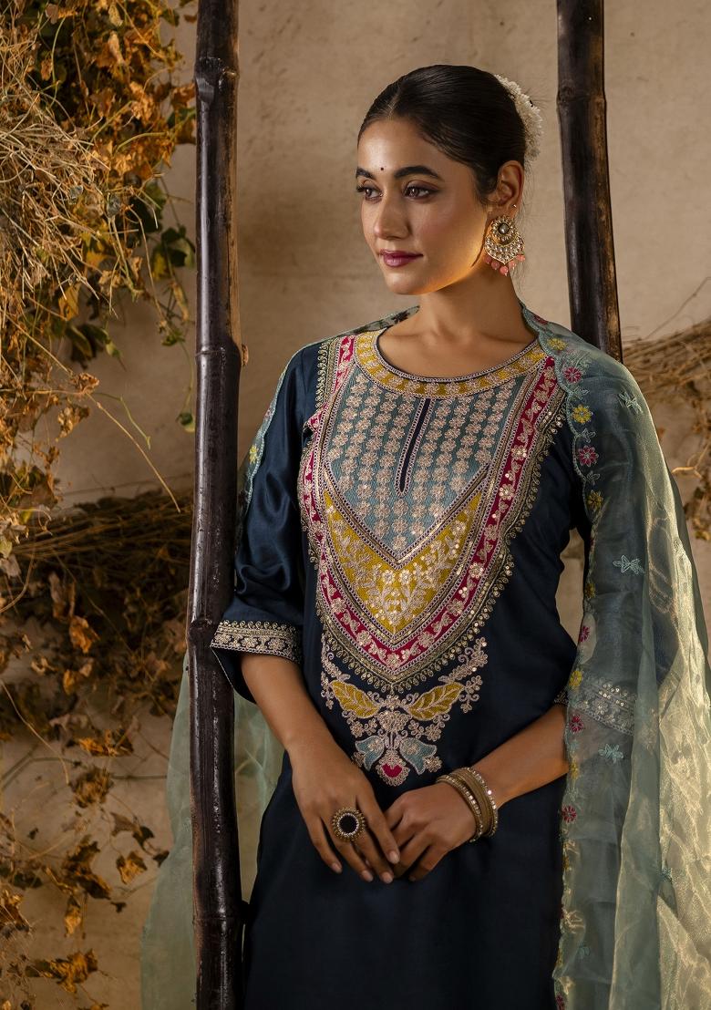 Teal Blue Embroidered Viscose Salwar Kameez With Dupatta