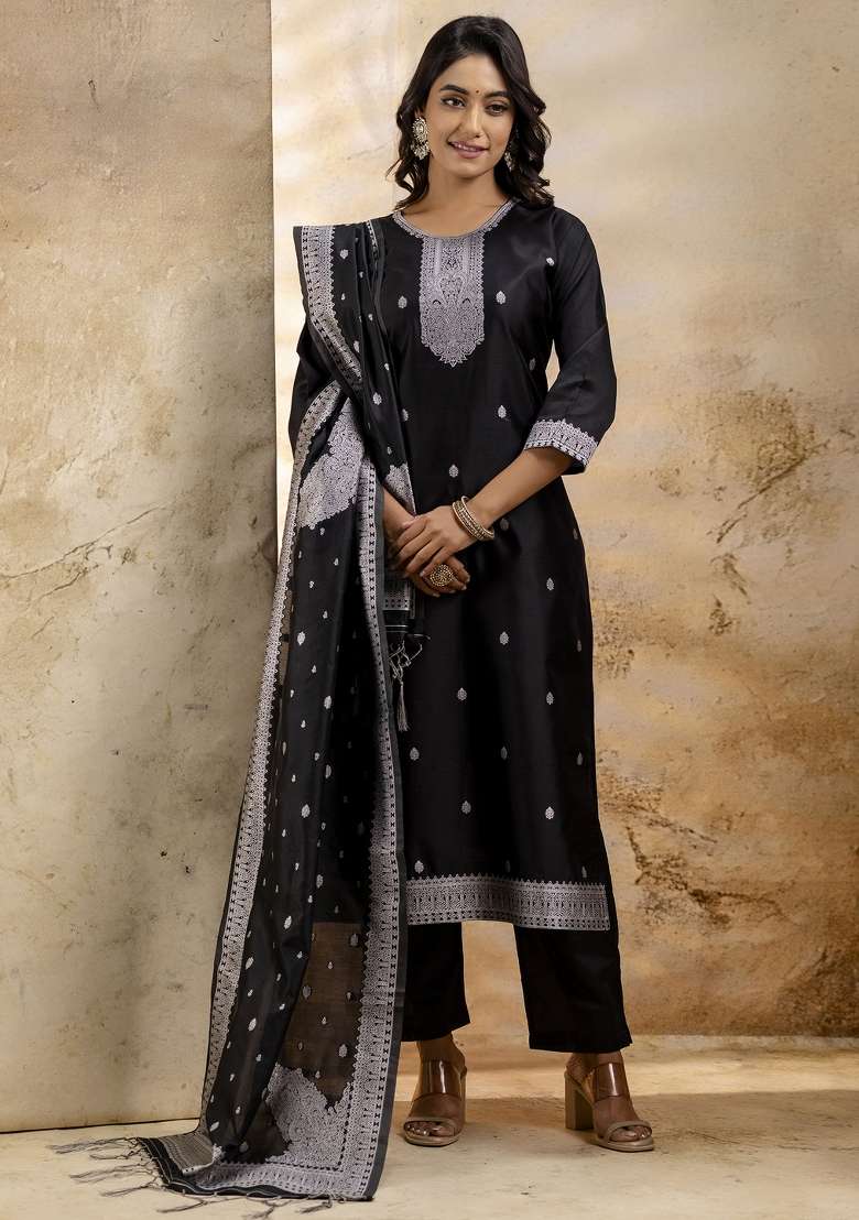 Black Embroidered Cotton Straight Kurta Set - Indya
