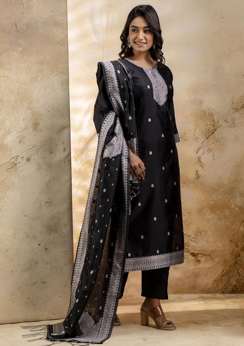 Black Self Weaving  Cotton Blend Salwar Kameez With Dupatta
