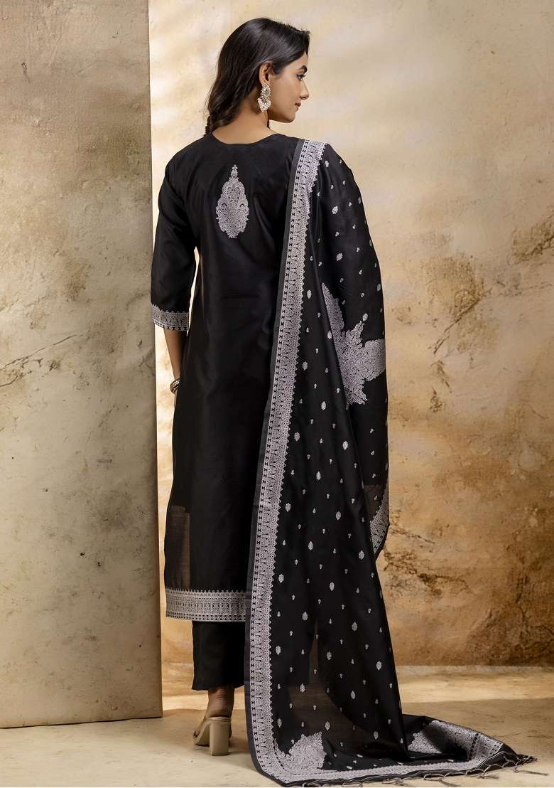 Black Embroidered Cotton Straight Kurta Set - Indya