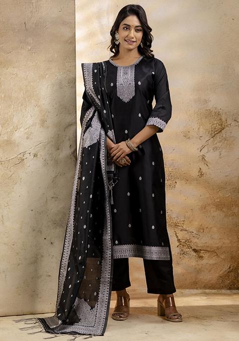 Black Self Weaving  Cotton Blend Salwar Kameez With Dupatta