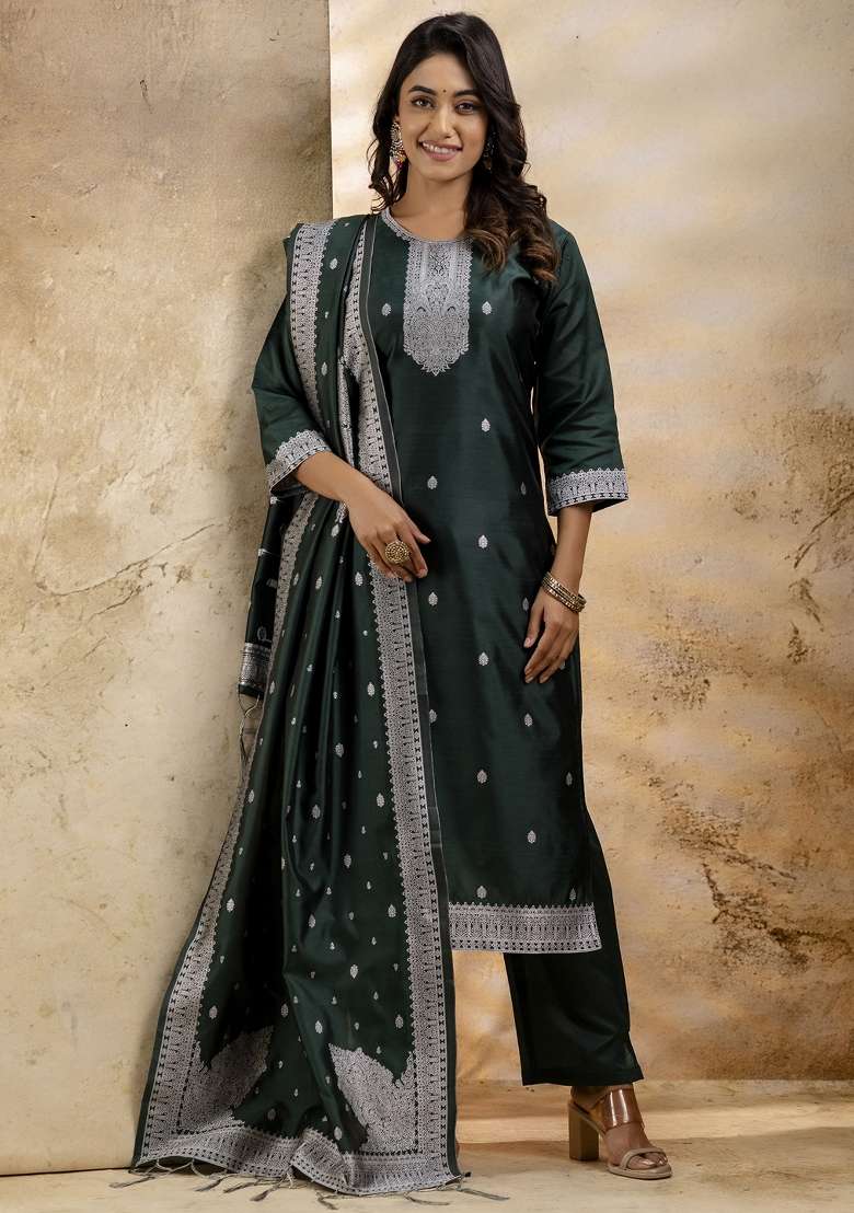 Green Embroidered Cotton Straight Kurta Set - Indya