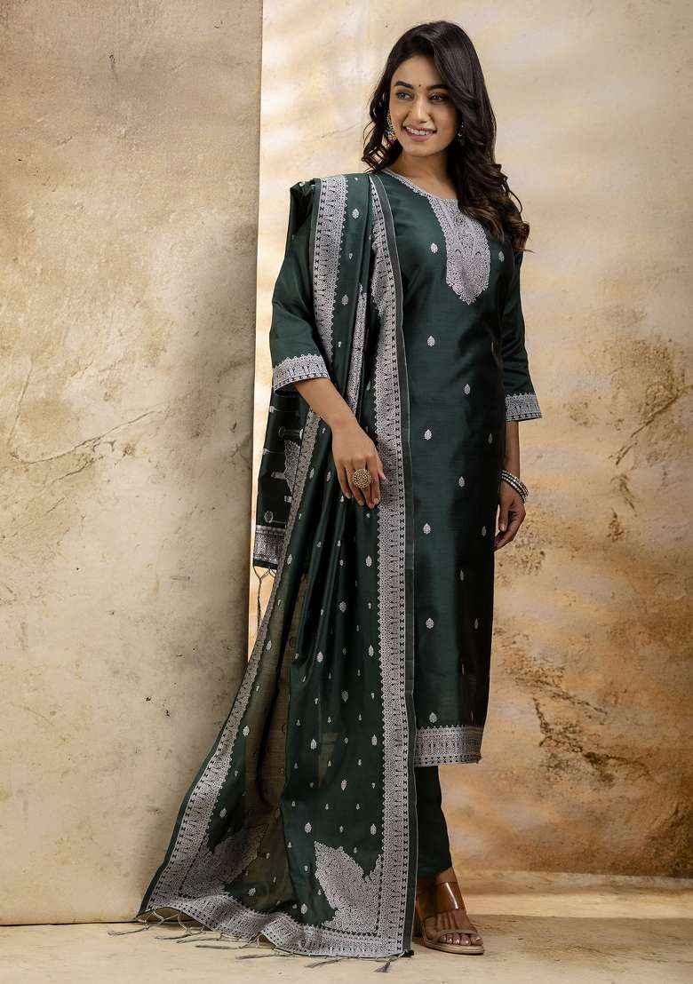 Green Embroidered Cotton Straight Kurta Set - Indya