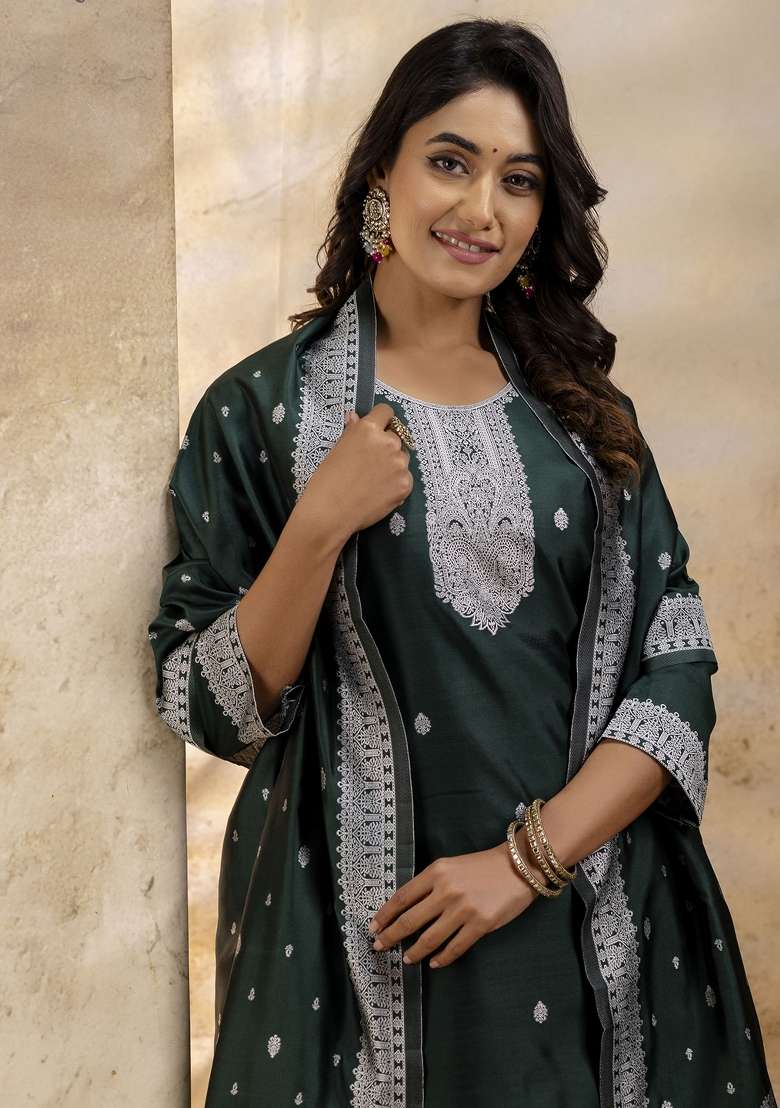Green Embroidered Cotton Straight Kurta Set - Indya