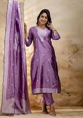 Lavender Self Weaving  Cotton Blend Salwar Kameez With Dupatta