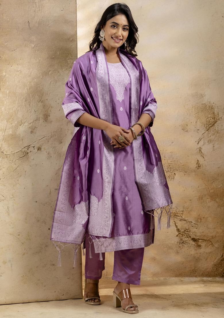 Lavender Self Weaving  Cotton Blend Salwar Kameez With Dupatta