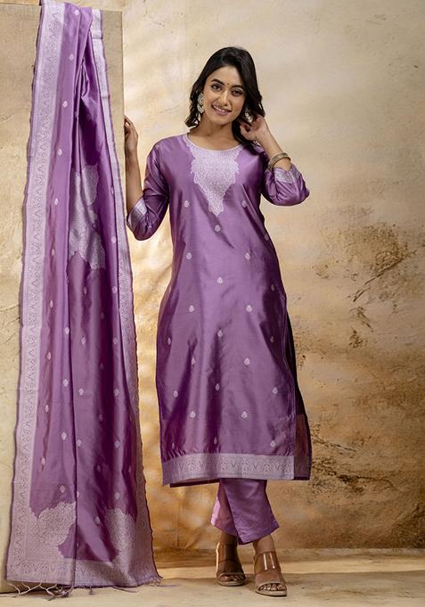 Lavender Self Weaving  Cotton Blend Salwar Kameez With Dupatta