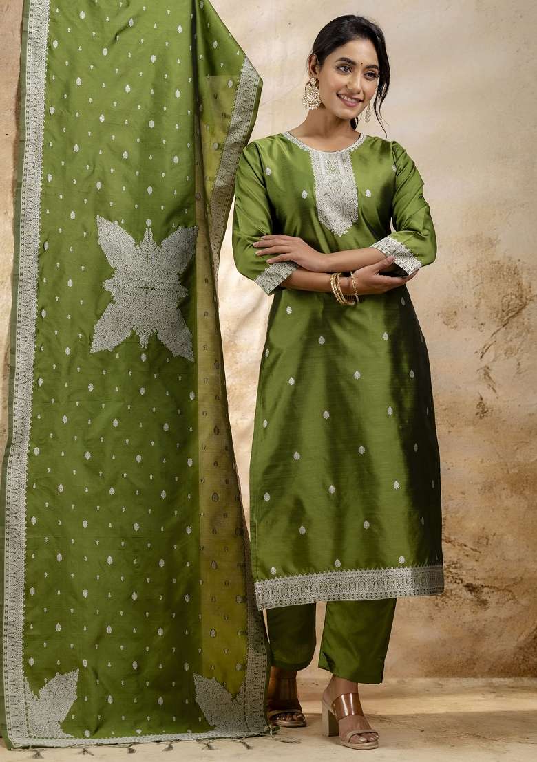 Mehendi Green Jacquard Cotton Straight Kurta Set - Indya