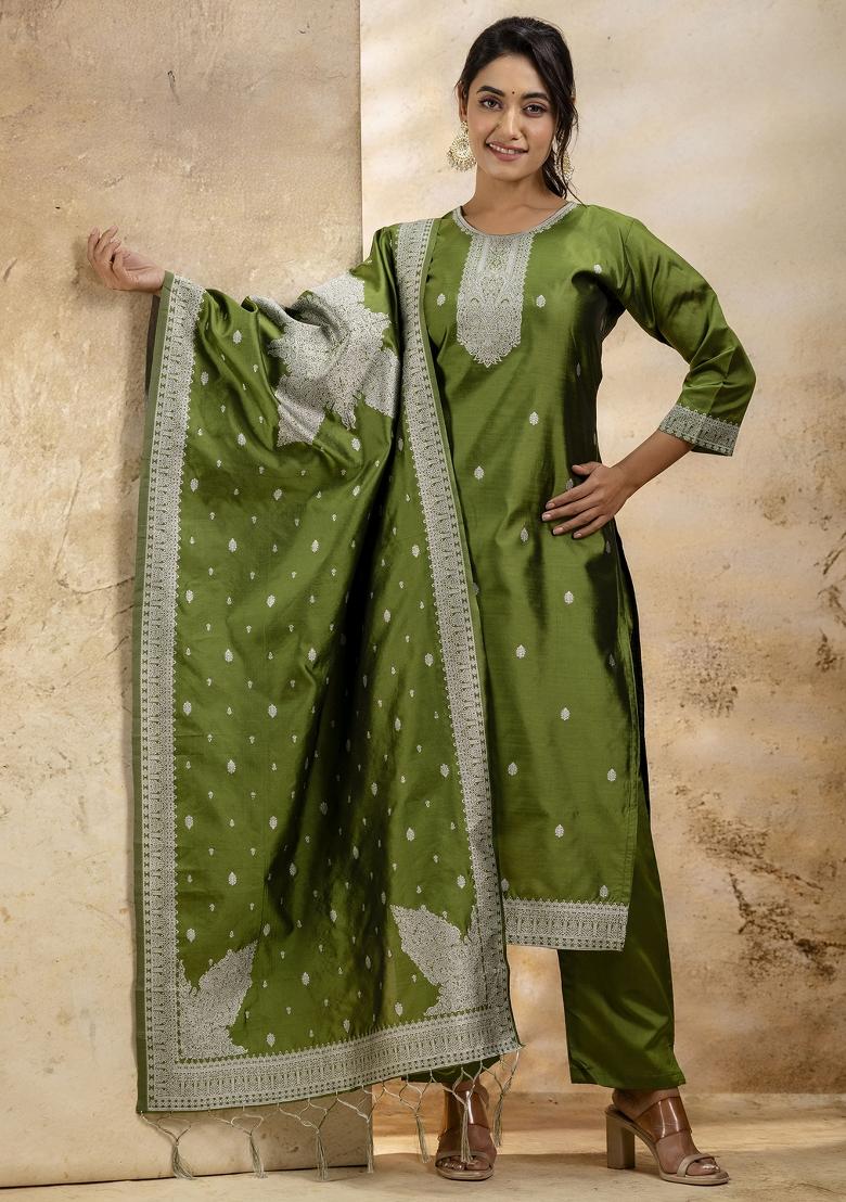 Mehendi Green Self Weaving  Cotton Blend Salwar Kameez With Dupatta