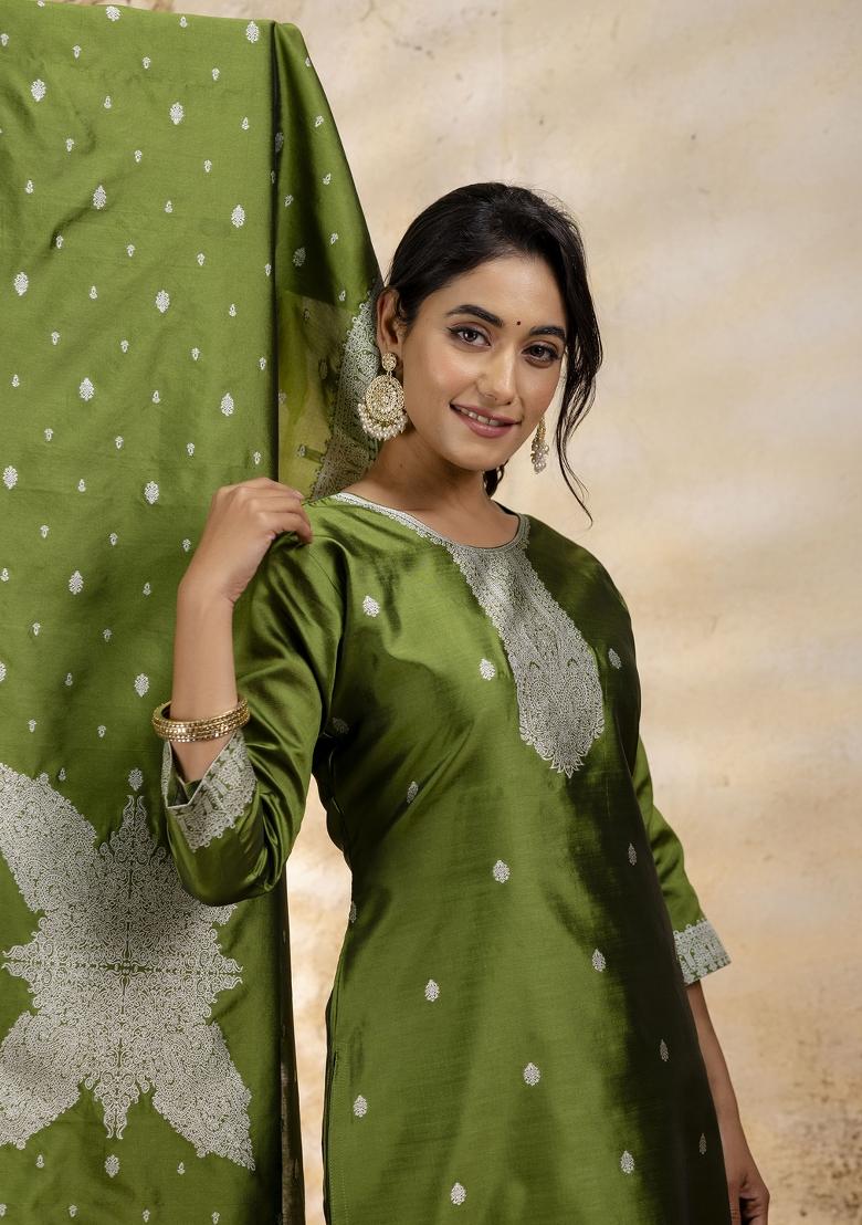 Mehendi Green Self Weaving  Cotton Blend Salwar Kameez With Dupatta