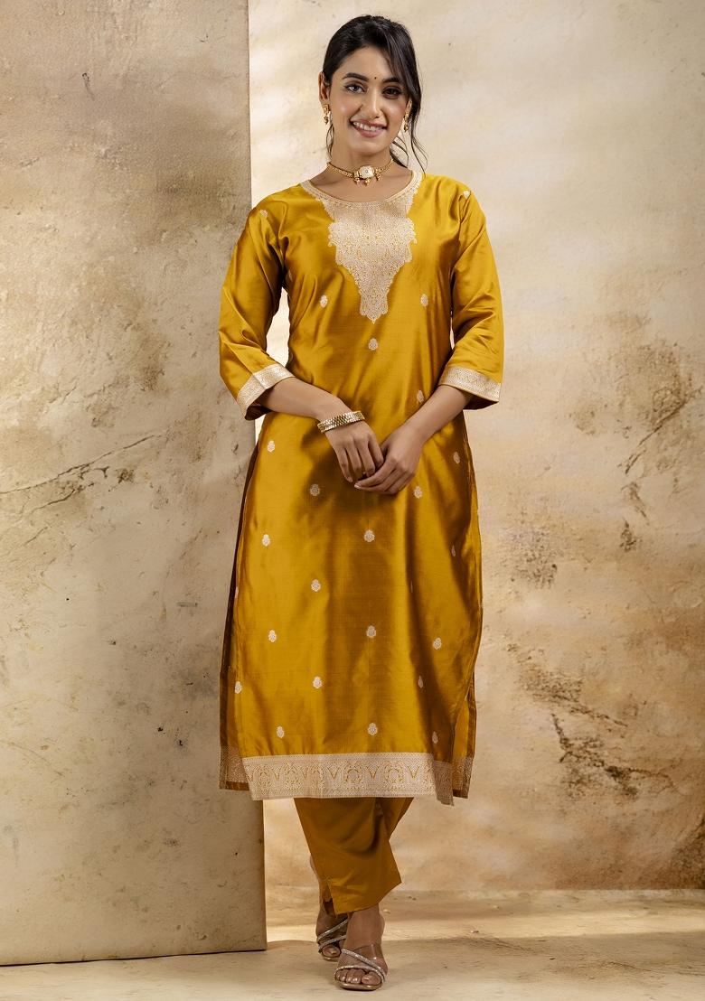 Yellow Self Weaving  Cotton Blend Salwar Kameez With Dupatta