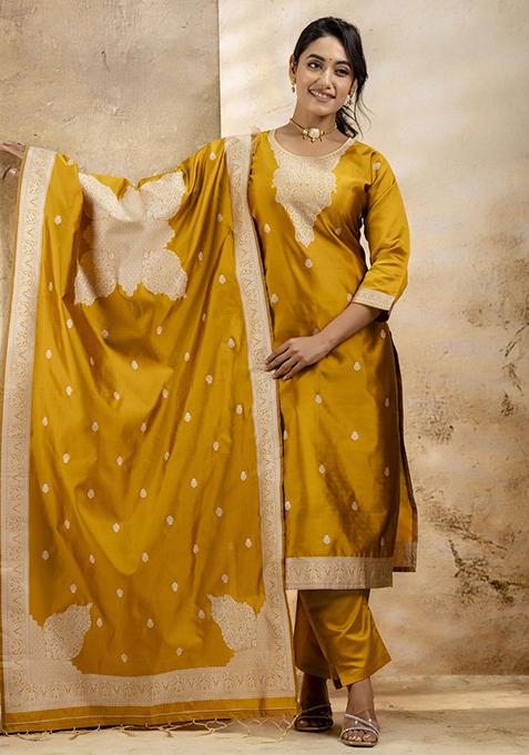 Yellow Self Weaving  Cotton Blend Salwar Kameez With Dupatta
