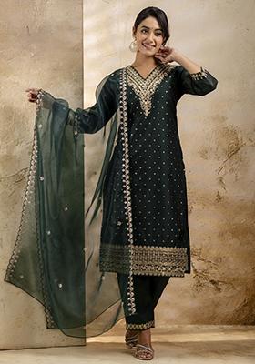 Green Embroidered Chanderi Salwar Kameez With Dupatta