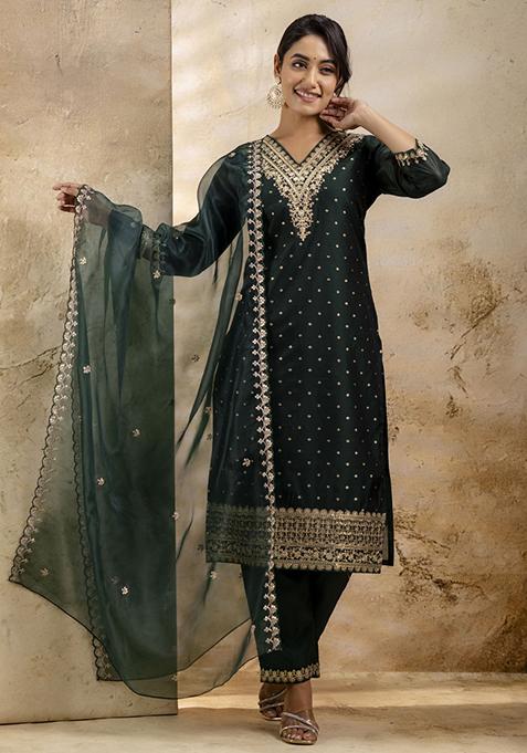 Green Embroidered Chanderi Pakistani Suit Set