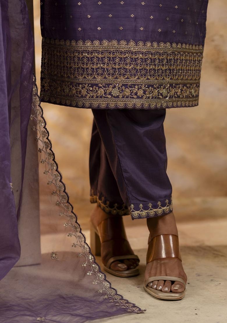 Lavender Embroidered Chanderi Salwar Kameez With Dupatta